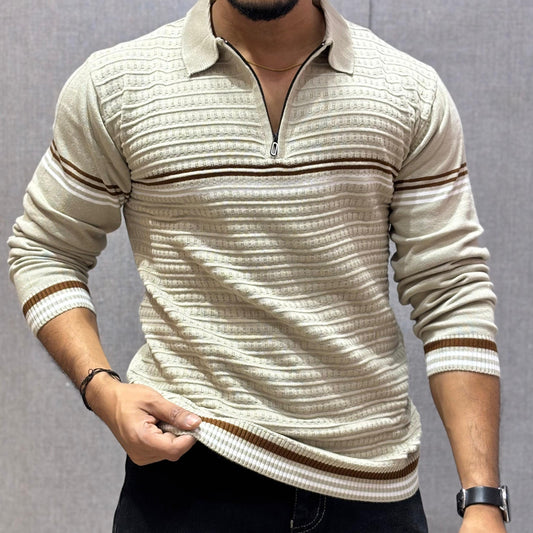 Zippered Polo Collar Chest Striped T-shirt Cream