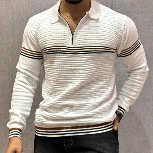 Zippered Polo Collar Chest Striped T-shirt White