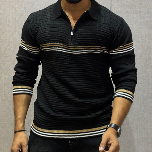 Zippered Polo Collar Chest Striped T-shirt Black