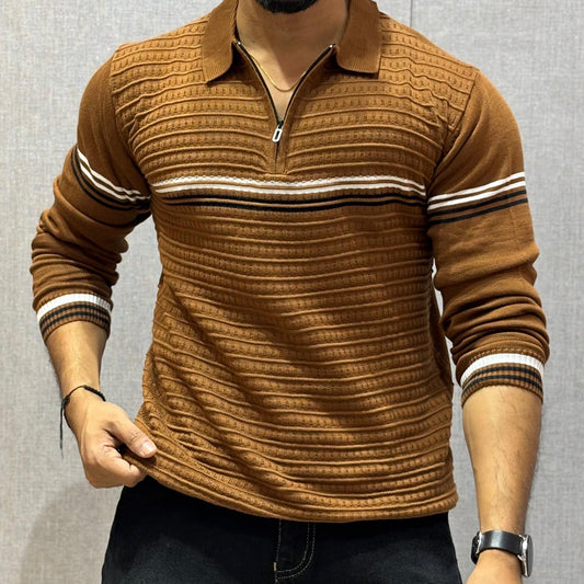 Zippered Polo Collar Chest Striped T-shirt Brown