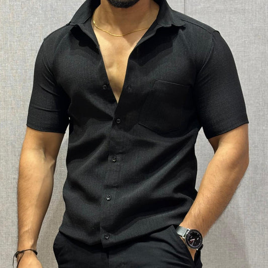 Black Half Sleeve Linen Shirt