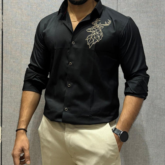 DEER EMBROIDERED BLACK  COTTON SHIRT