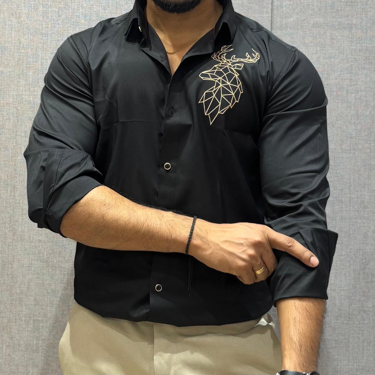 DEER EMBROIDERED BLACK  COTTON SHIRT