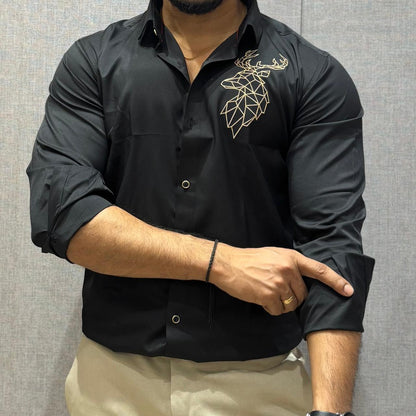 DEER EMBROIDERED BLACK  COTTON SHIRT