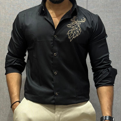 DEER EMBROIDERED BLACK  COTTON SHIRT