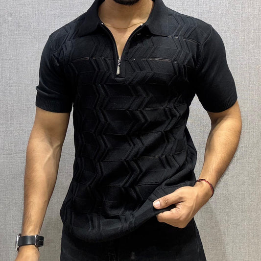 Black Knitted Half Sleeve Polo Zipper T-Shirt