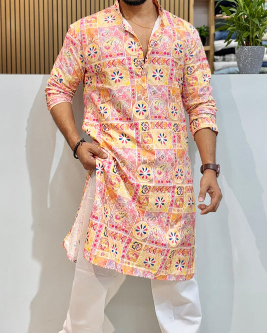 Motif Cotton Kurta With Crochet & Digital Print Pink