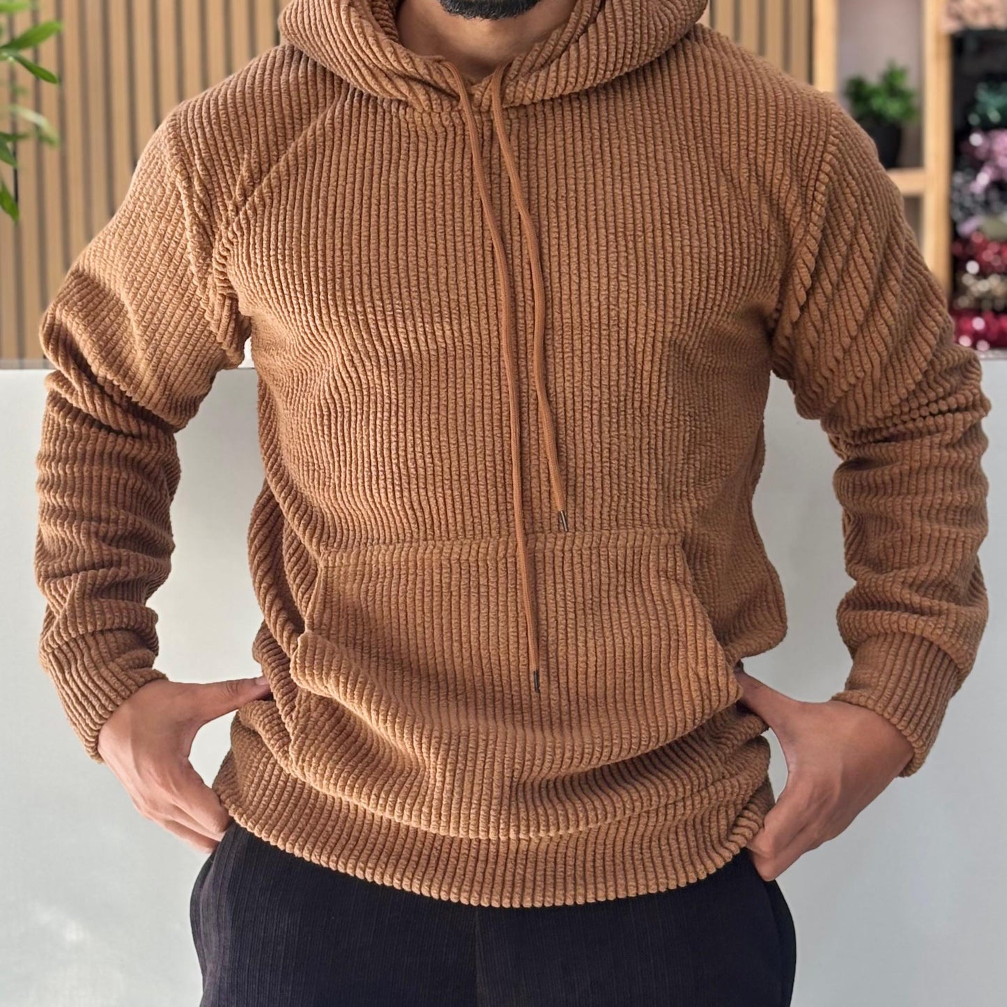 Textured Cord Fleece Hoodie Brown