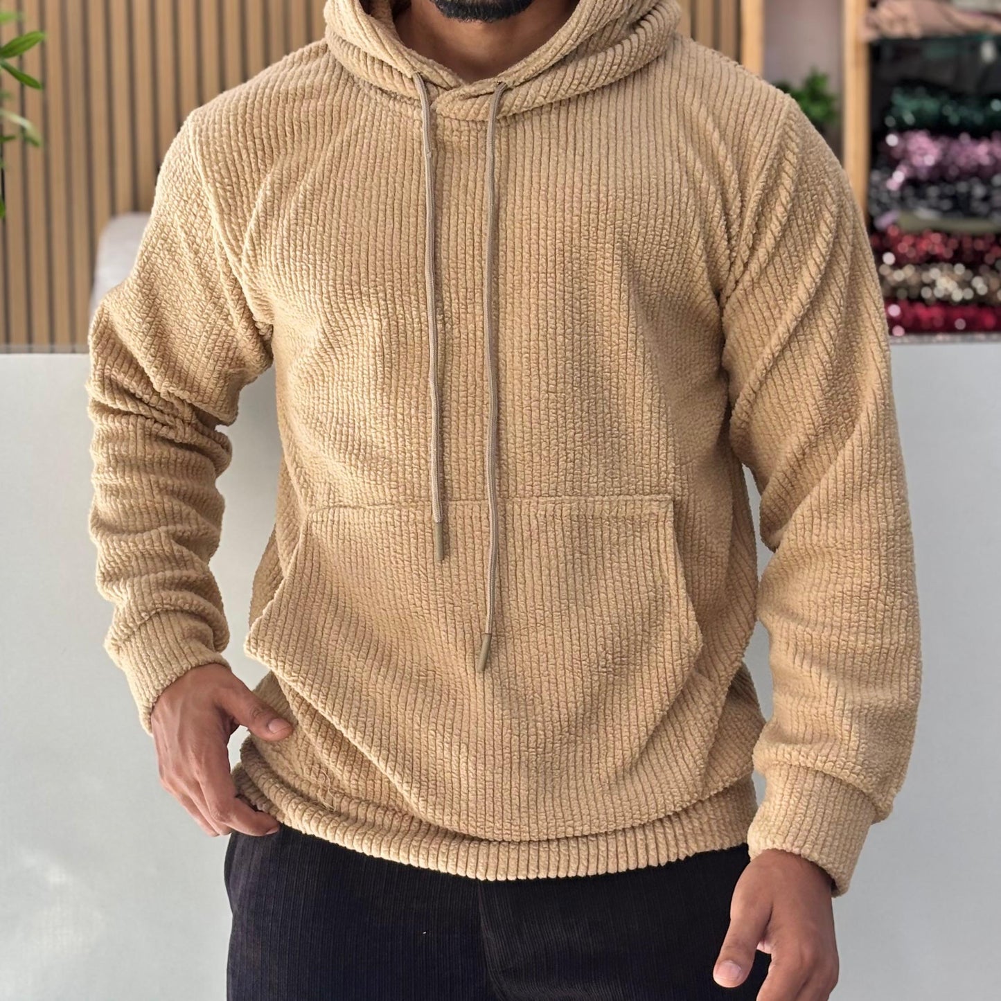 Textured Cord Fleece Hoodie Camel Beige