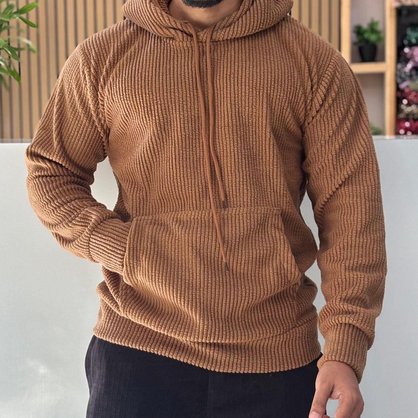 Textured Cord Fleece Hoodie Brown