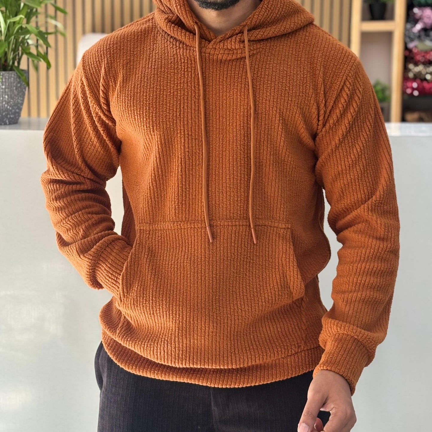Textured Cord Fleece Hoodie Rust Brown