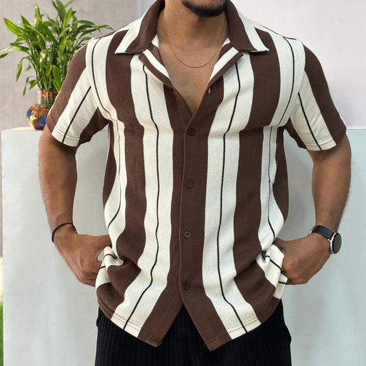 Cuban Collar Brown Striped Half Shirt