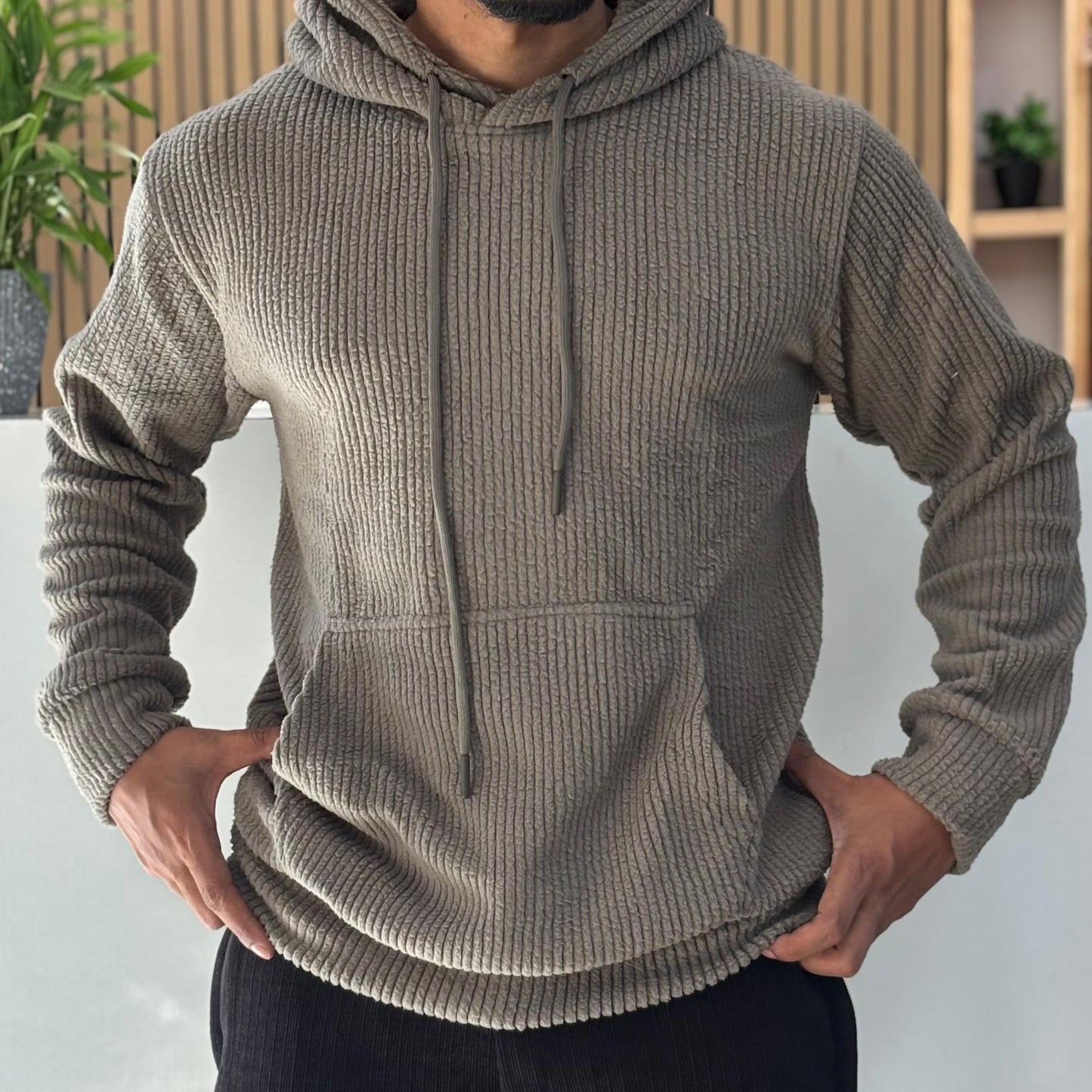 Textured Cord Fleece Hoodie Grey