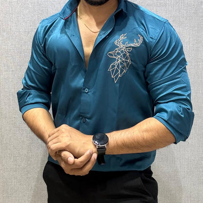 DEER EMBROIDERED TEAL  COTTON SATIN SHIRT