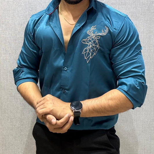 DEER EMBROIDERED TEAL  COTTON SATIN SHIRT
