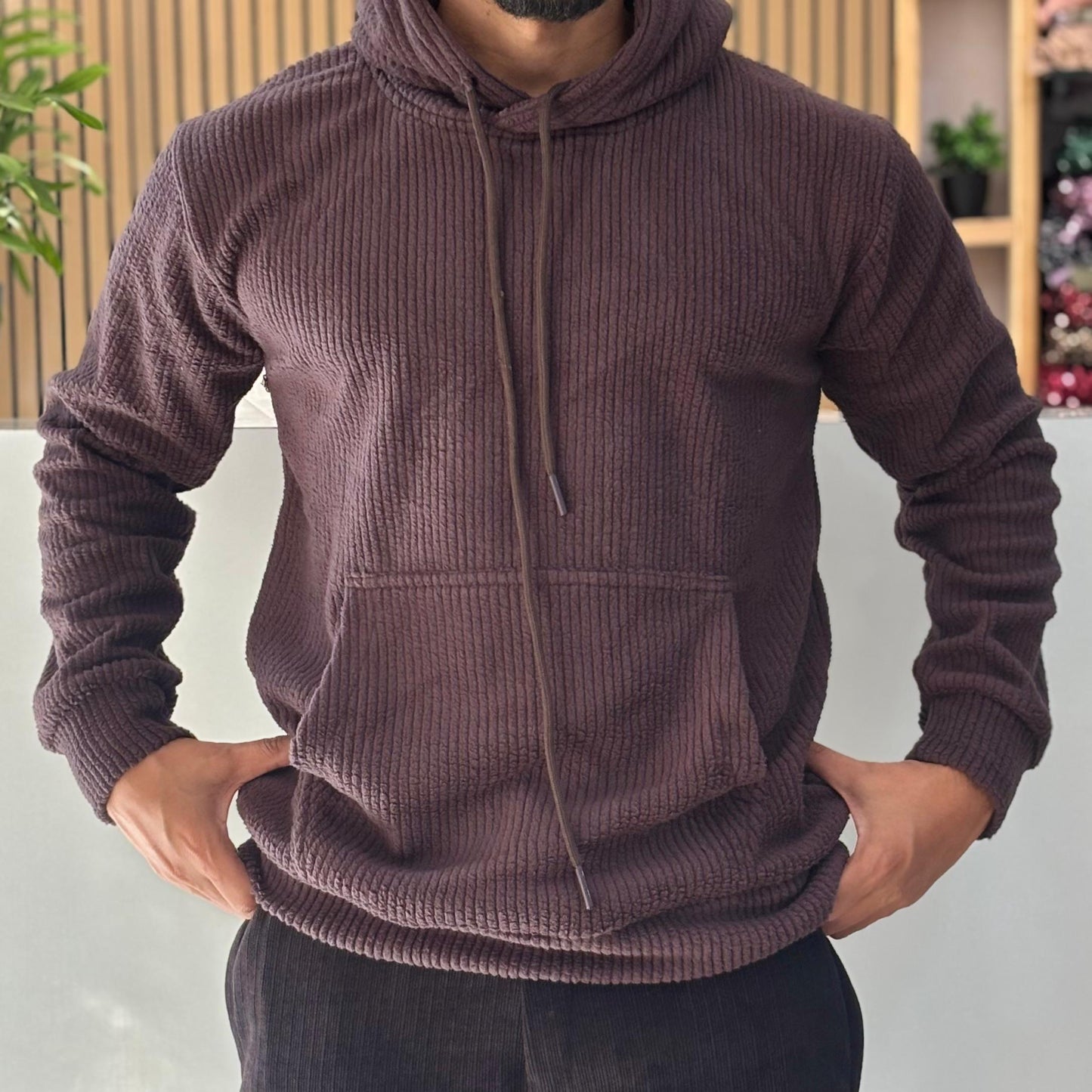 Textured Cord Fleece Hoodie Raisin