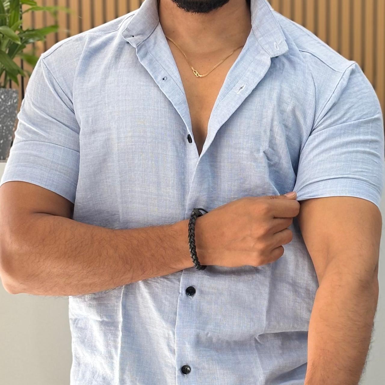 Linen Blend Half Sleeve Shirt Blue