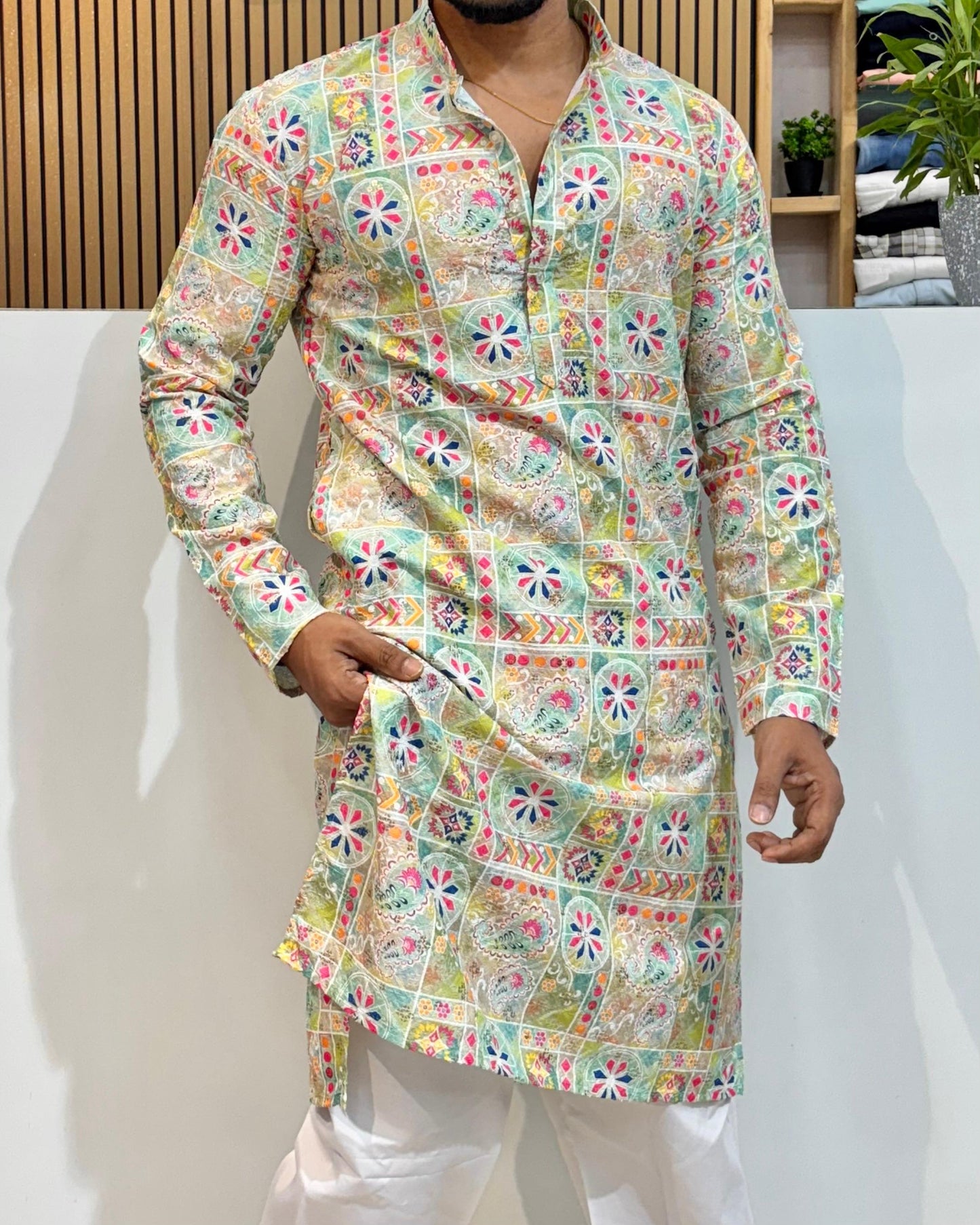 Motif Cotton Kurta With Crochet & Digital Print Green