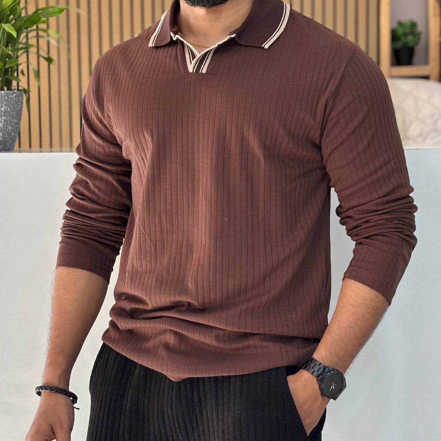 Brown Long Sleeve Polo T-Shirt