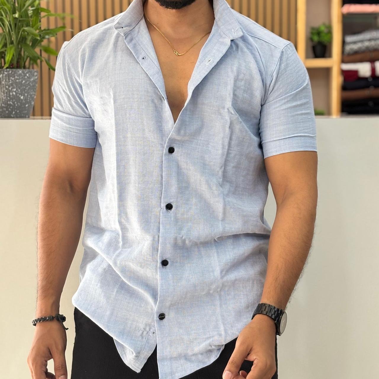 Linen Blend Half Sleeve Shirt Blue