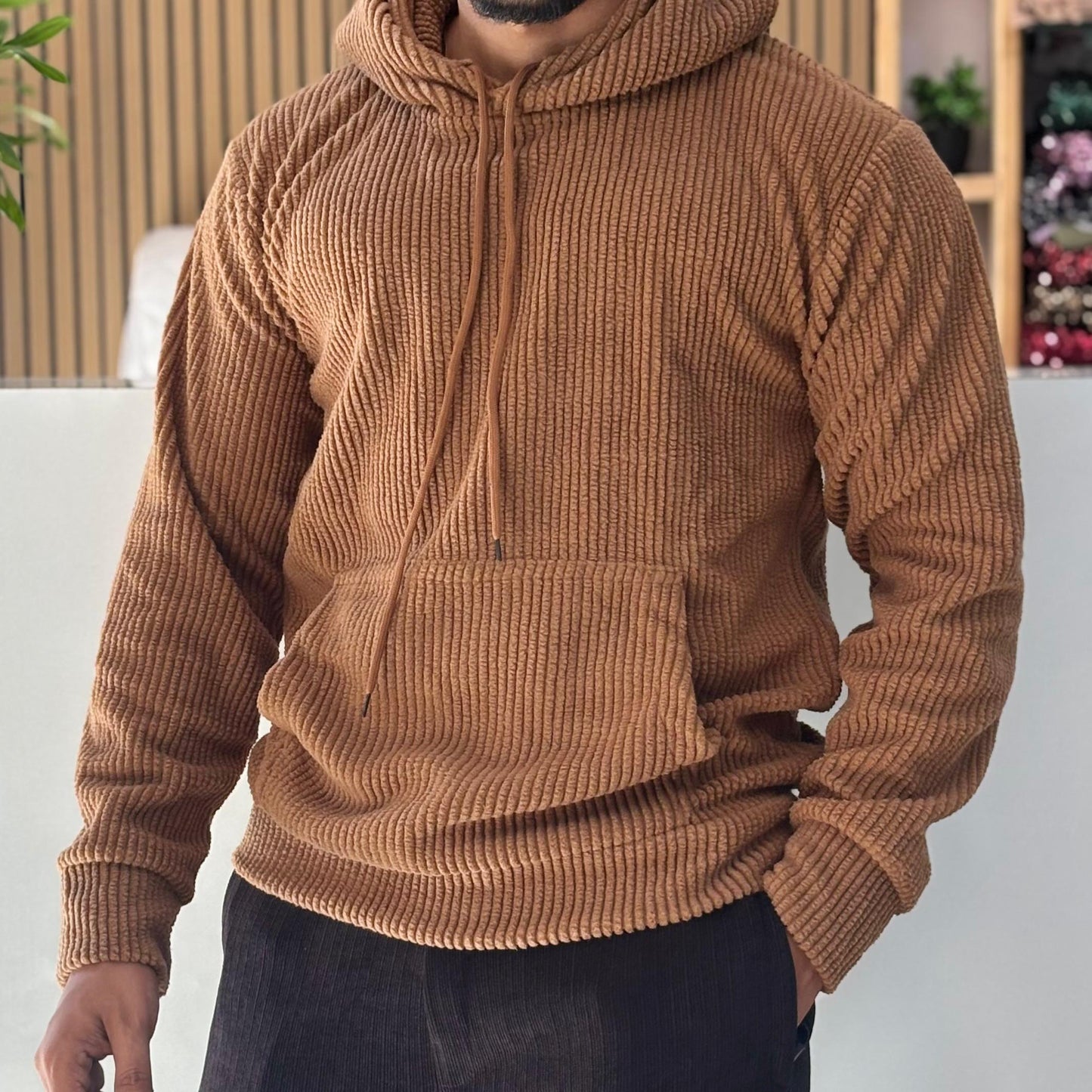 Textured Cord Fleece Hoodie Brown