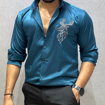 DEER EMBROIDERED TEAL  COTTON SATIN SHIRT