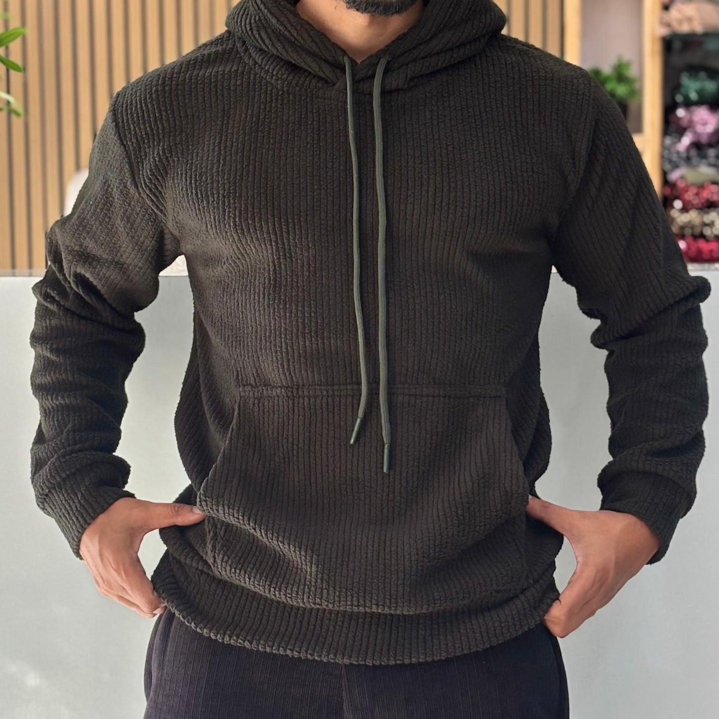 Textured Cord Fleece Hoodie Olive Green