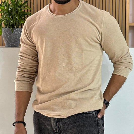 Beige Solid Crew Neck T-shirt