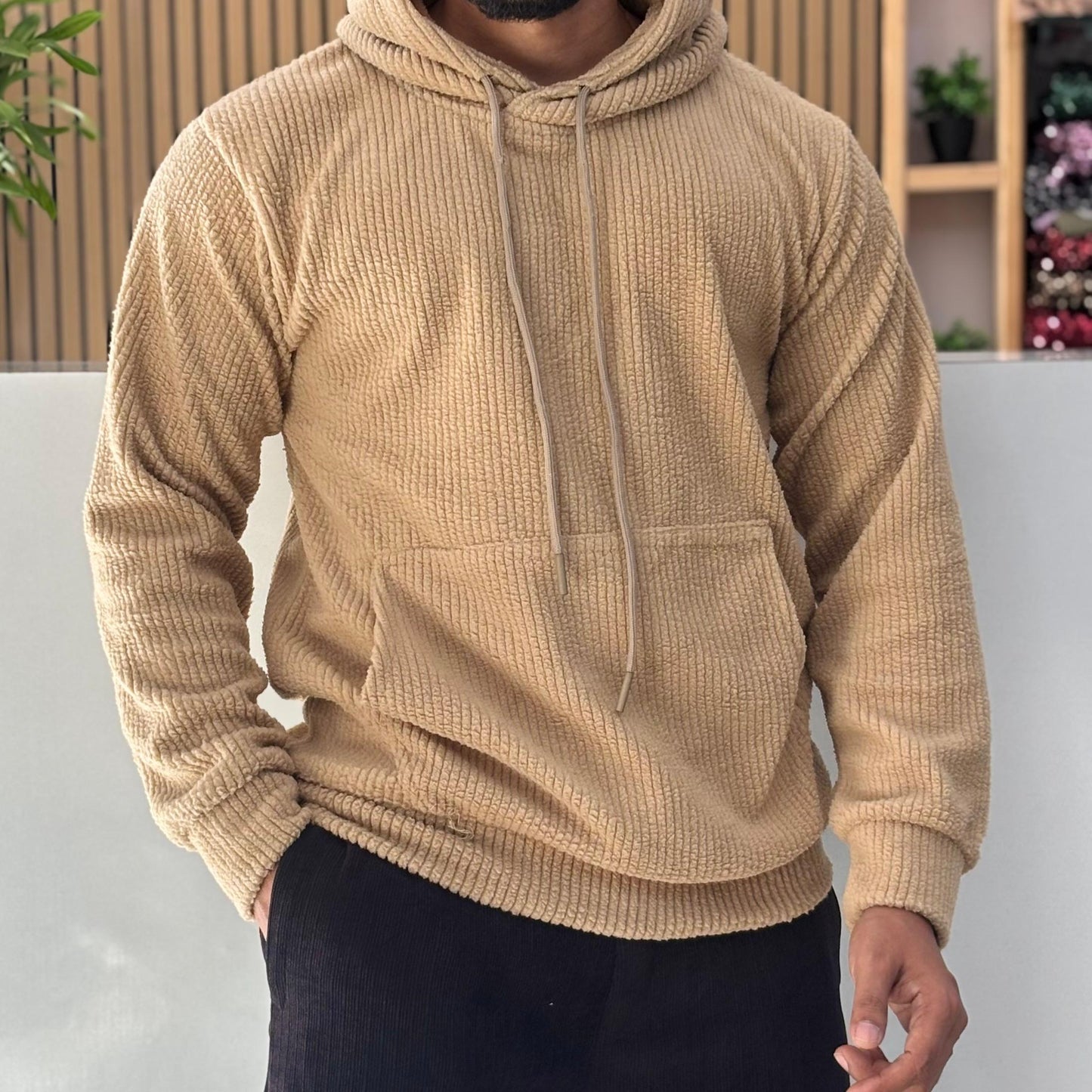 Textured Cord Fleece Hoodie Camel Beige