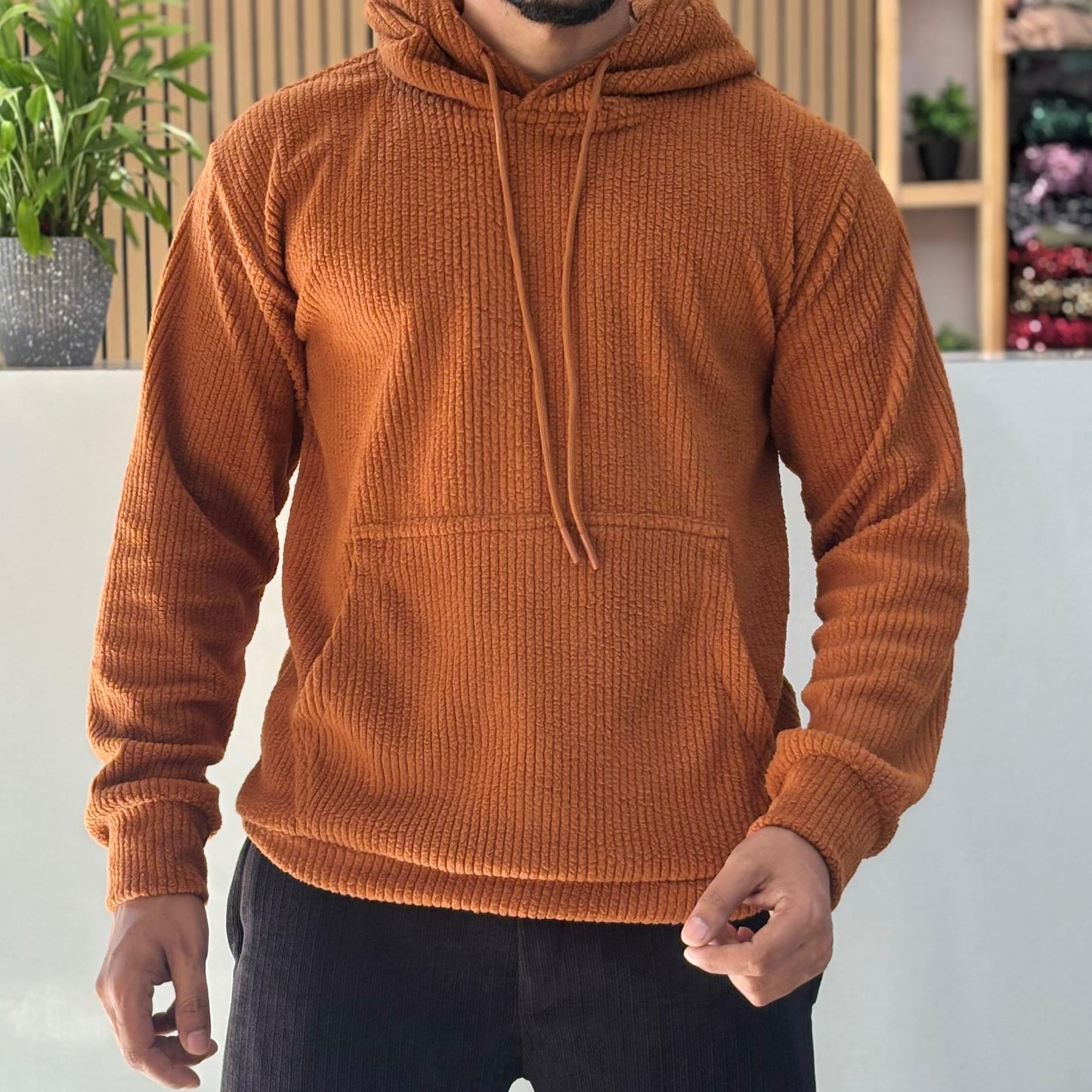 Textured Cord Fleece Hoodie Rust Brown