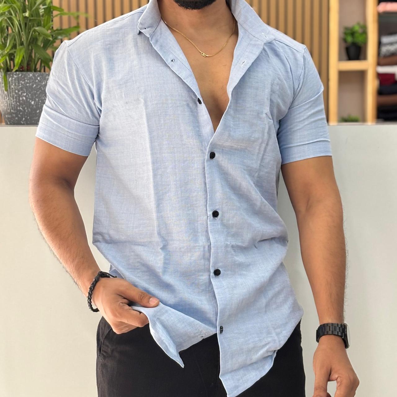 Linen Blend Half Sleeve Shirt Blue