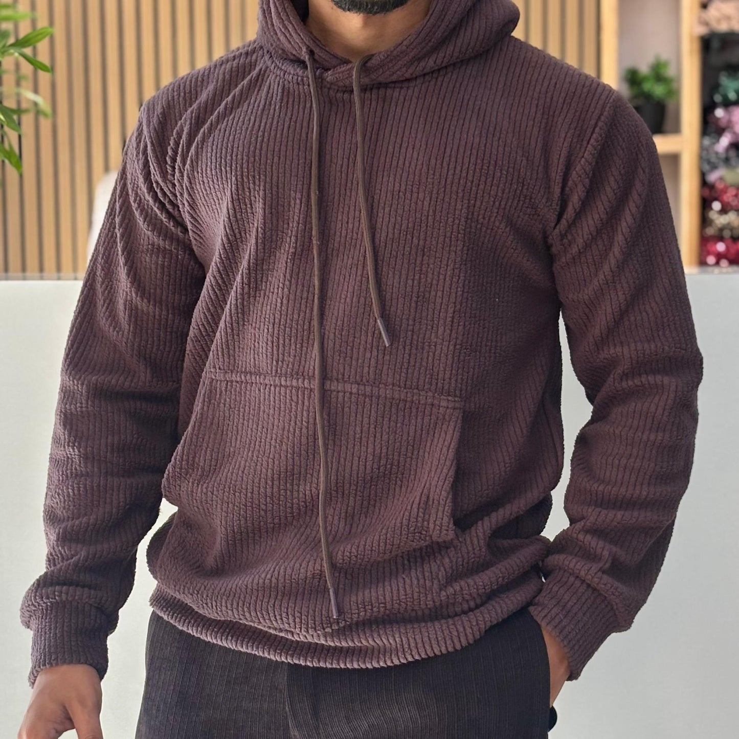 Textured Cord Fleece Hoodie Raisin