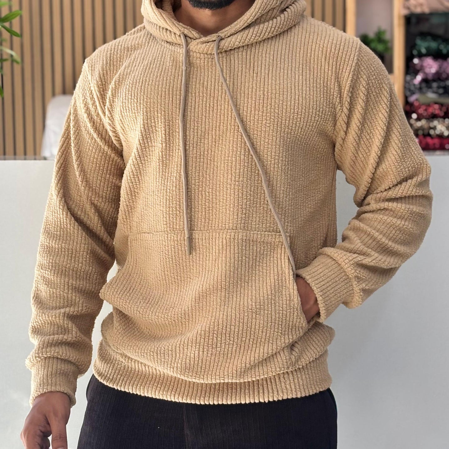 Textured Cord Fleece Hoodie Camel Beige