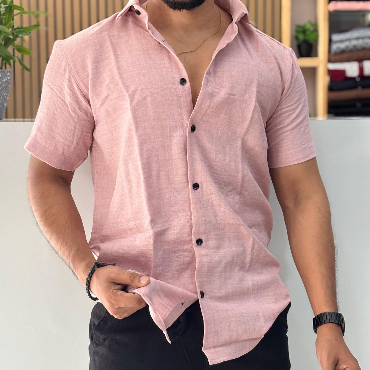 Linen Blend Half Sleeve Shirt Light Pink