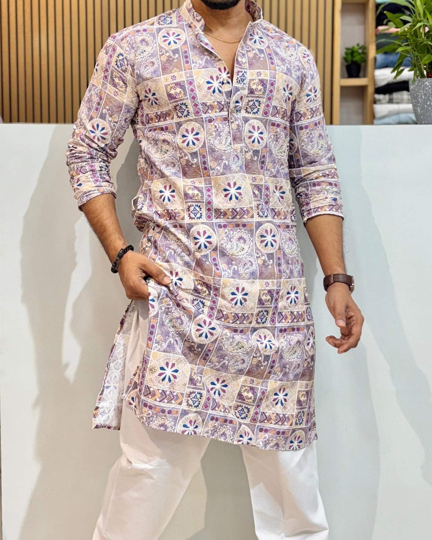 Motif Cotton Kurta With Crochet & Digital Print Lavender