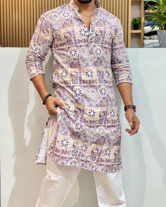Motif Cotton Kurta With Crochet & Digital Print Lavender