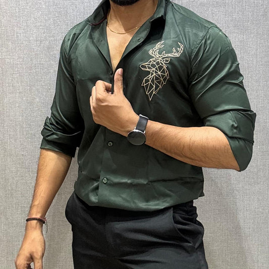 DEER EMBROIDERED GREEN COTTON SATIN SHIRT