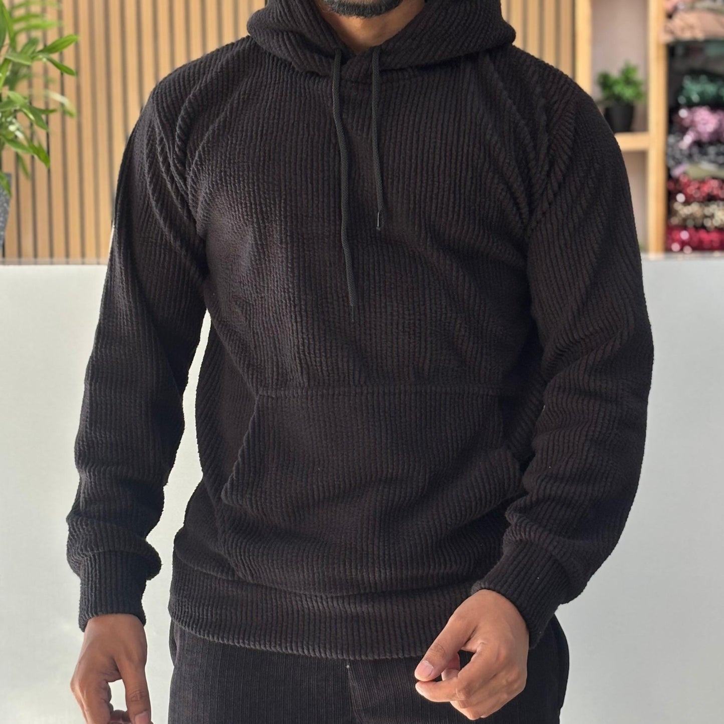Textured Cord Fleece Hoodie Black