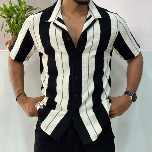 Cuban Collar Black Striped Half Shirt