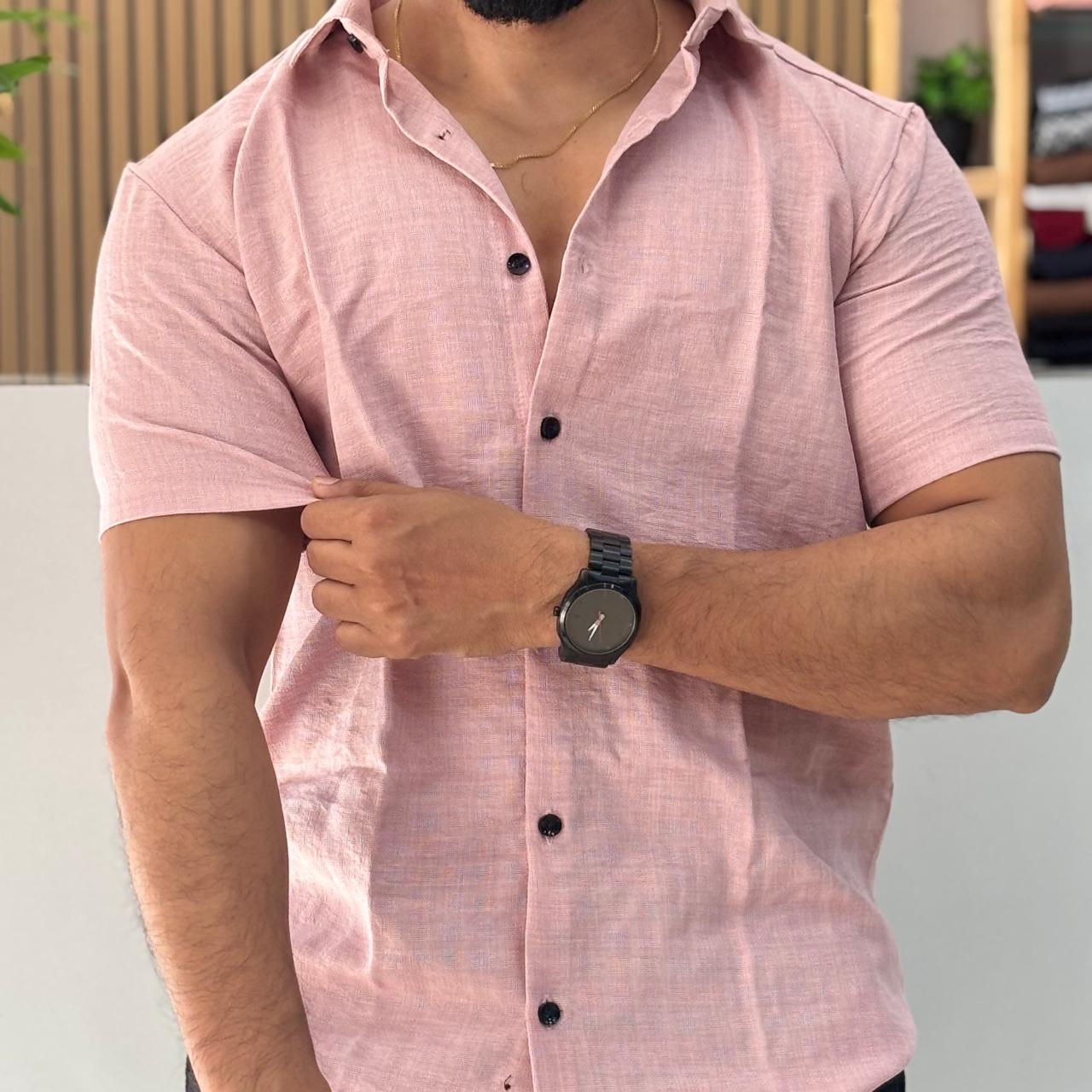 Linen Blend Half Sleeve Shirt Light Pink