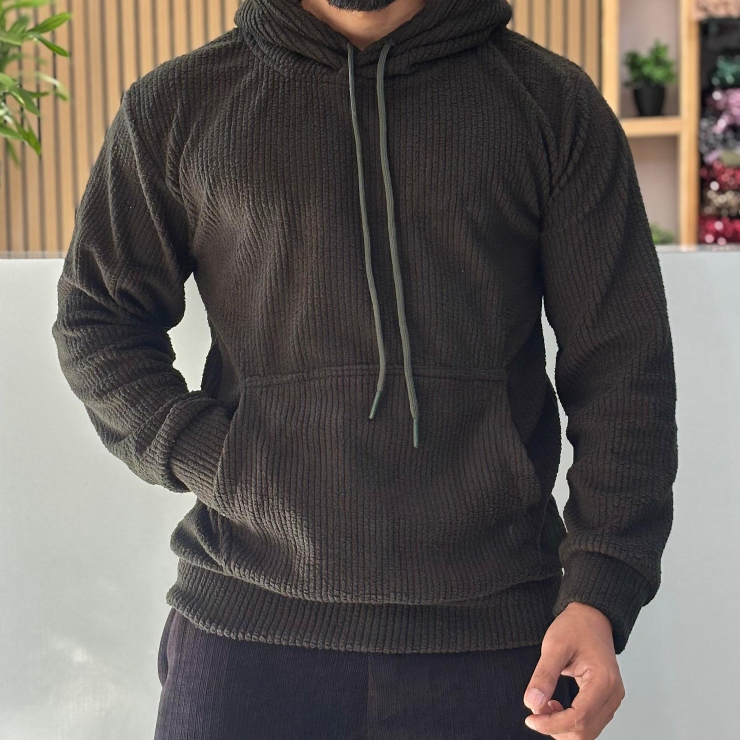 Textured Cord Fleece Hoodie Olive Green