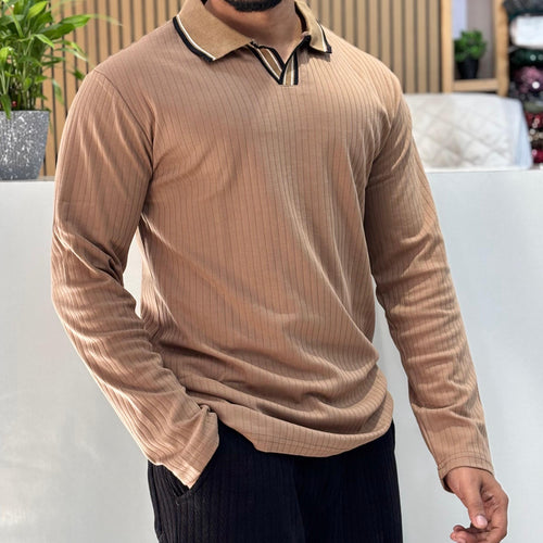 Camel Beige Long Sleeve Polo T-Shirt