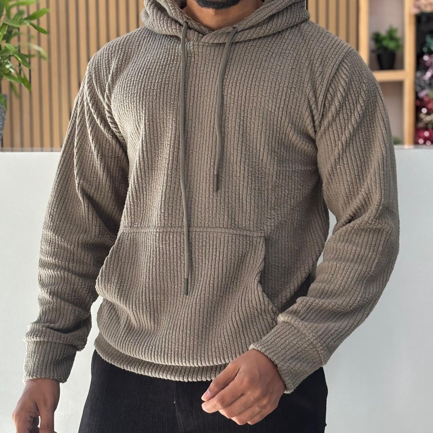 Textured Cord Fleece Hoodie Grey