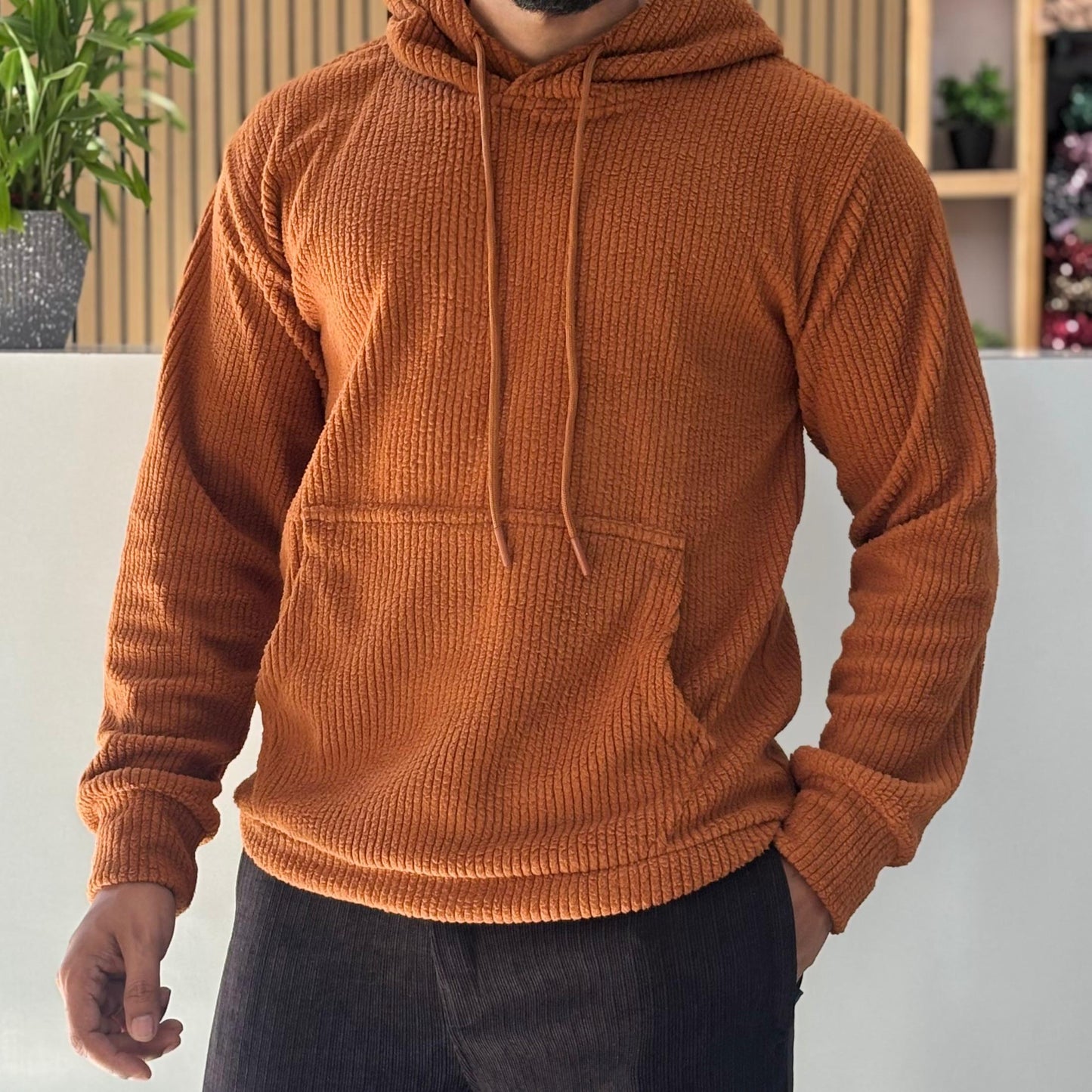 Textured Cord Fleece Hoodie Rust Brown