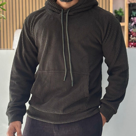 Textured Cord Fleece Hoodie Olive Green