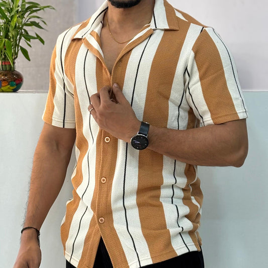 Cuban Collar Yellow Striped Half Shirt