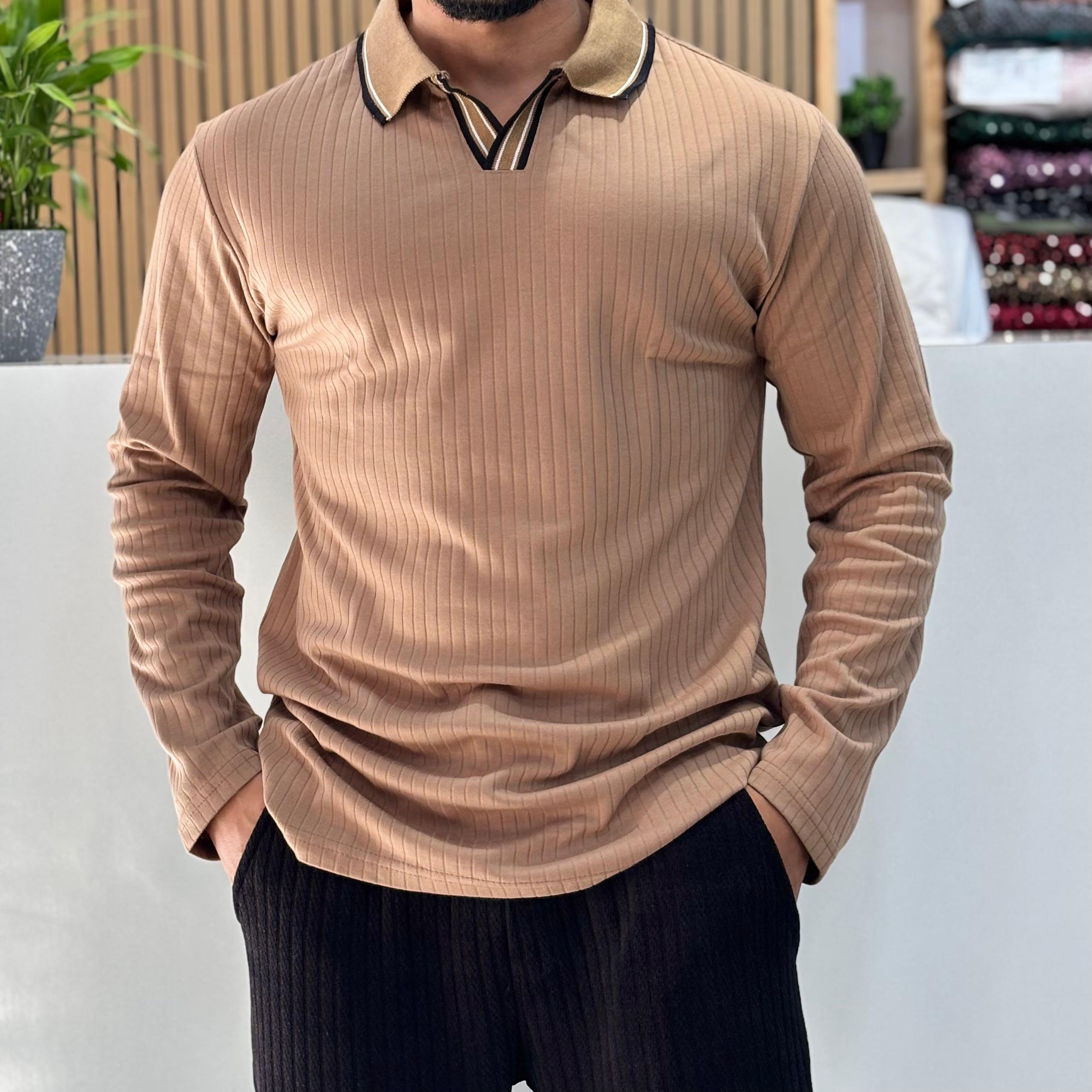 Camel Beige Long Sleeve Polo T-Shirt