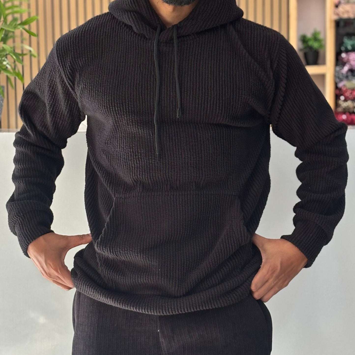 Textured Cord Fleece Hoodie Black